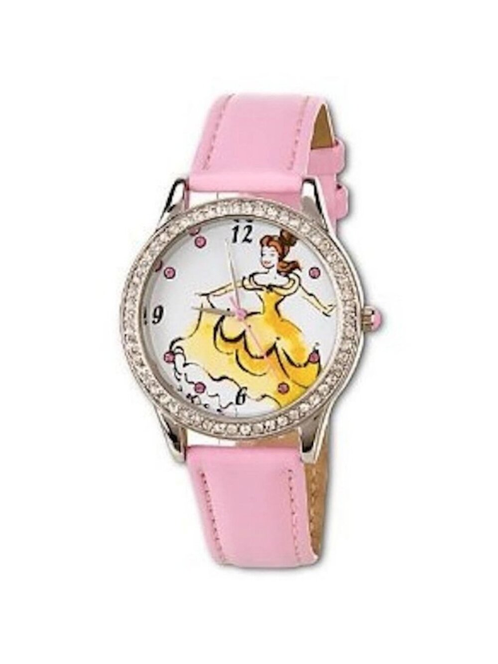New Disney Rhinestone Jeweled Belle Watch with Pink Band for Adults Ladies